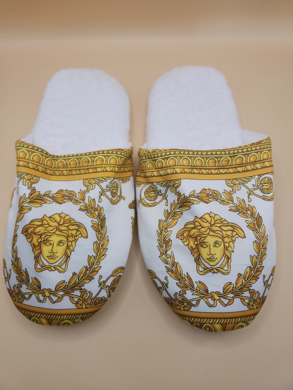 Versace White and Yellow Baroque Medusa Plush Slippers